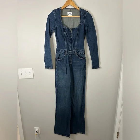 Zara Dark Blue Long Sleeve Denim Jumpsuit 5252/281/407 Blogger